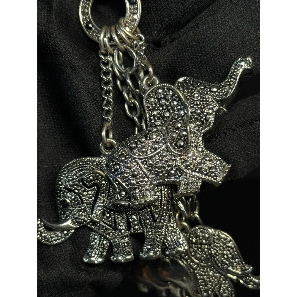 Vintage Silver Tone Elephant Charm Necklace Art Deco Style Marcasite Look
